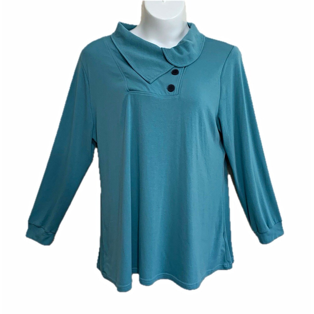 Bluetime Tunic Top Womens 2XL Green Knit Collared Long Sleeve Button Stretch